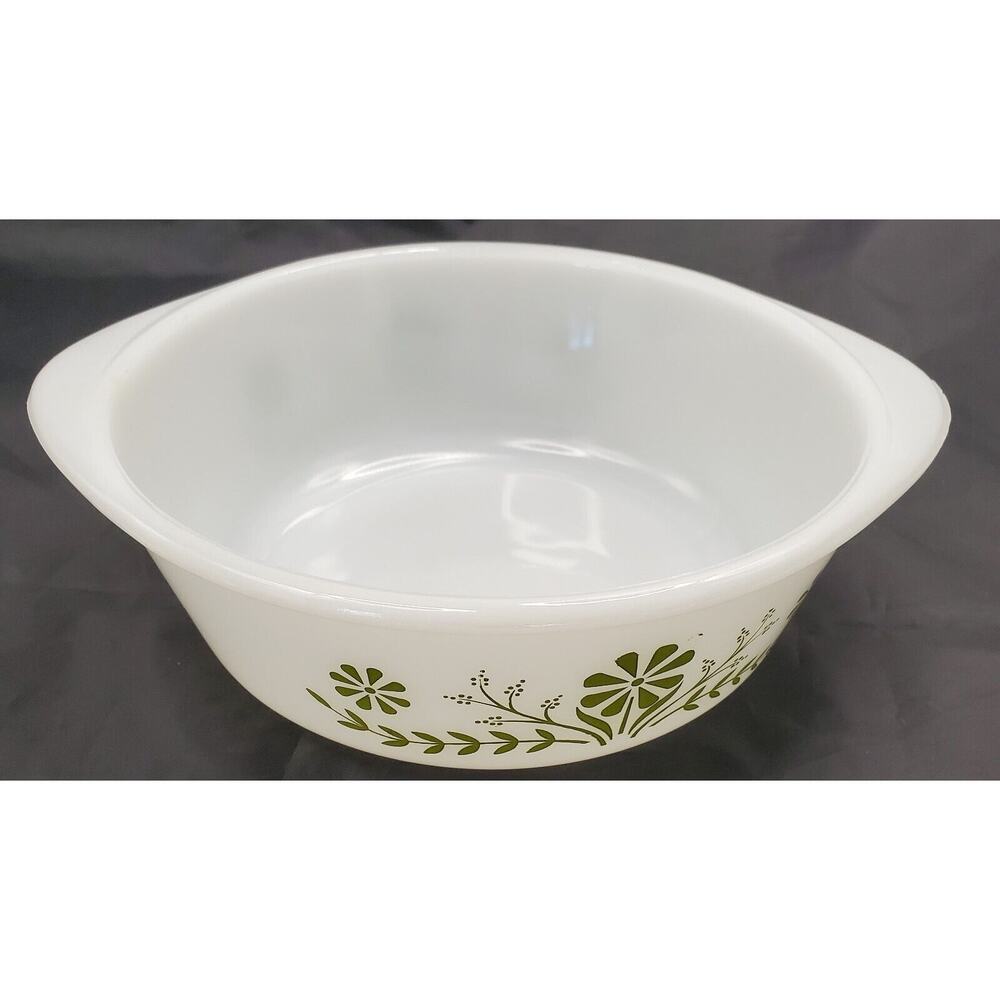 Vintage Glasbake Green Crazy Daisy Spring Blossom 1.5 Quart Casserole Dish J2600